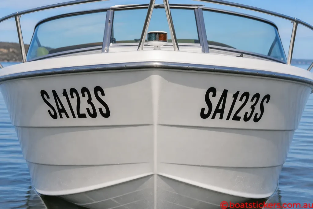 Boat registration stickers on a fibreglass hull