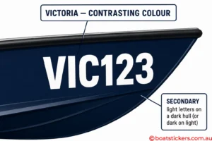 Victoria Registration Stickers Contrast Vic Boat Rego Numbers on Dark Hull Example