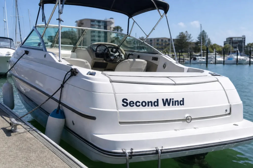 Boat name sticker on a fibreglass runabout with Second Wind vinyl lettering