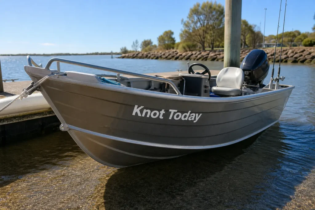 Boat name sticker on an aluminium fishing boat with Knot Today vinyl lettering